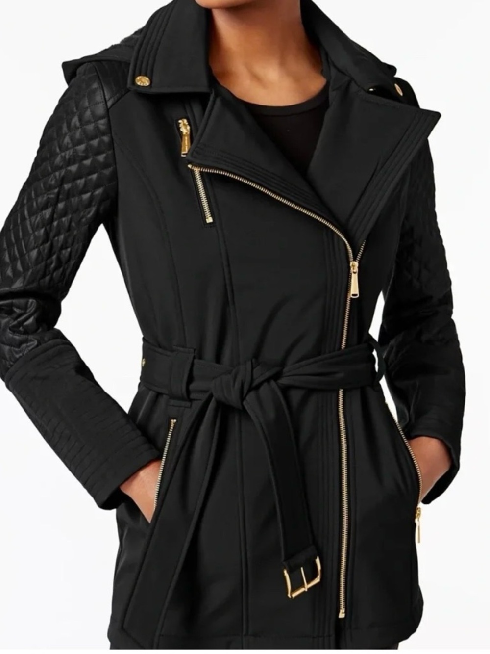 Michael Kors Black Quilted-Sleeve Belted Coat with Gold Hardware